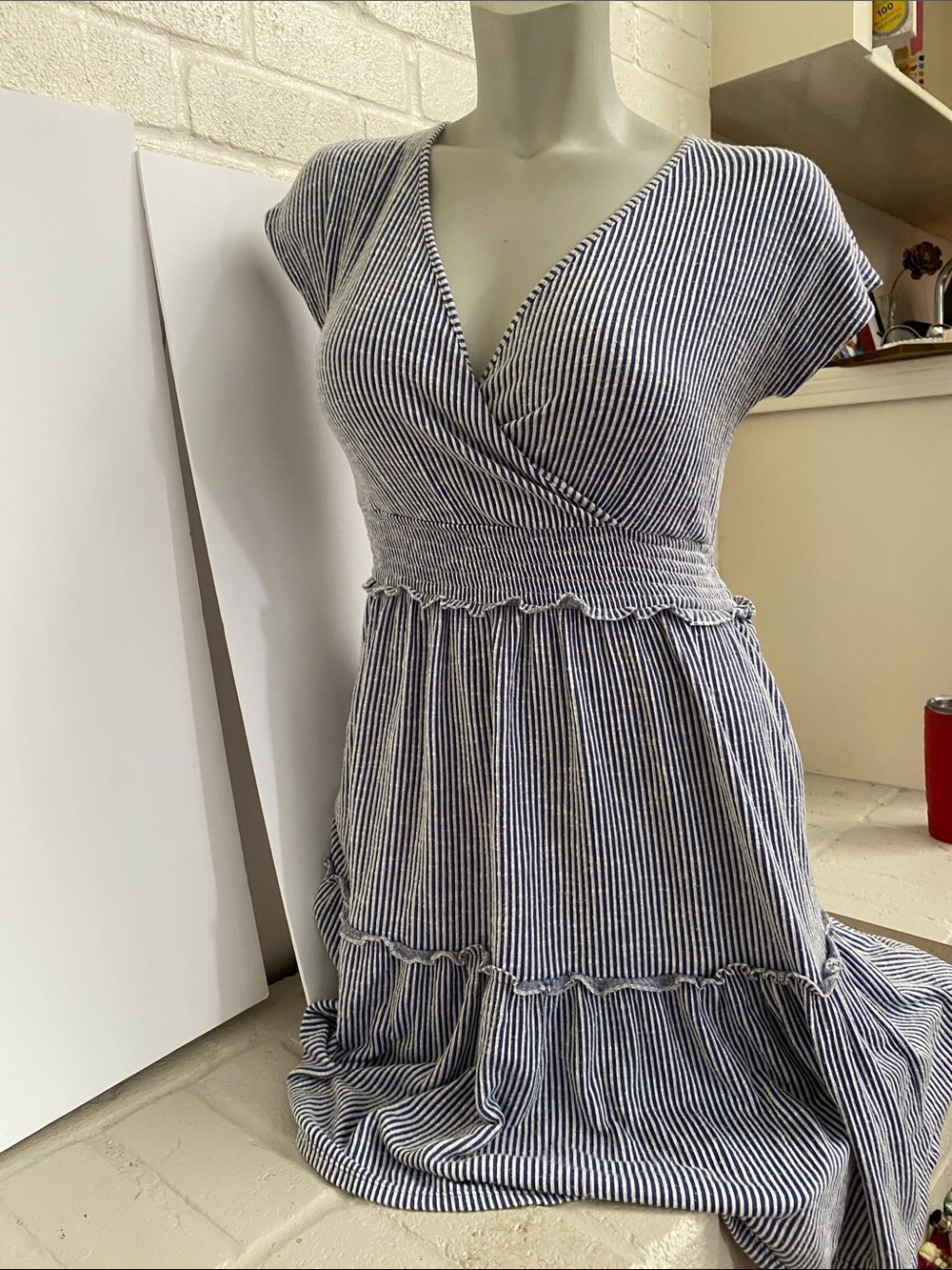 Source Unknown Blue and White Striped Midi Dress